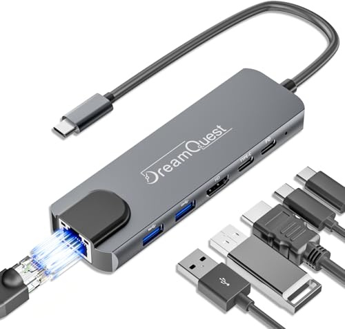 DreamQuest USB-C Hub 6-in-1 Docking Station mit 1000Mbps Netzwerkkarte,4K HDMI Port,PD 100W,USB 3.2 (5Gbps) für Desktop,Laptop, Xbox, Flash Drive, HDD, Konsole, Drucker, PC, Tastaturen, HP, Dell