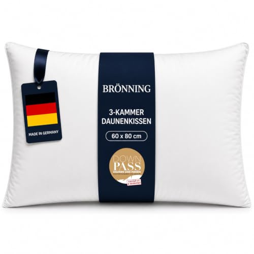 Brönning 3-Kammer Daunenkissen 60x80 cm -Made in Germany- Kopfkissen 60x80 | Kopfkissen 60x80 Daunen | Kissen Allergiker (NOMITE) | Federkissen | Tierwohl (DOWNPASS) | OEKO-TEX Klasse 1