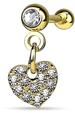 Piercingfaktor Tragus Helix Ohr Cartilage Knorpel Piercing 316 L Chirurgenstahl Stecker Kristall Kugel mit Herz-Anhänger Gold - Clear