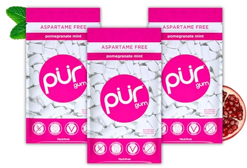 PUR Gum | Gomma Da Masticare Senza Zucchero | Con Xilitolo | Vegana, Senza Aspartame e Senza Glutine | Gomma Naturale Al Sapore Di Pomegranate Mint, 55 Pezzi (Confezione da 3)