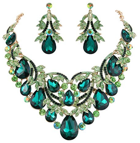 Clearine Schmuckset Party Braut Böhmisch Tropfen Kristall Blatt Aushöhlen Statement Halskette Dangle Ohrringe Set für Damen Smaragd-farbe Gold-Ton