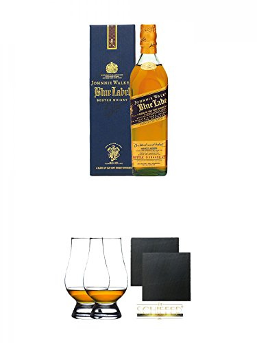 Johnnie Walker Blue Label 0,20 ltr. + The Glencairn Glass Whisky Glas Stölzle 2 Stück + Schiefer Glasuntersetzer eckig ca. 9,5 cm Ø 2 Stück
