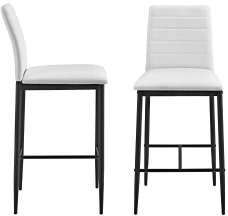 Lot de 2 Tabourets de Bar Chaises Rembourrées PU Similicuir avec Pieds en Acier et Hauteur d'Assise 66 cm Blanc