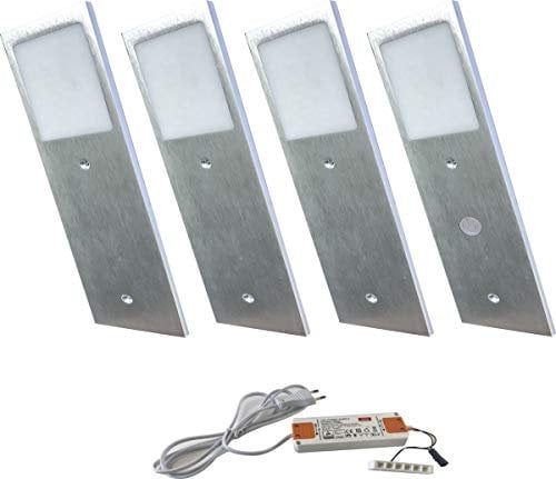 ACCE Super dünn und Aluminium LED Unterbauleuchte Küchen Möbel Leuchte Warmweiß inkl Konverter, ein Strahler mit Zentralschalter (silber warmweiß, 4er Set)