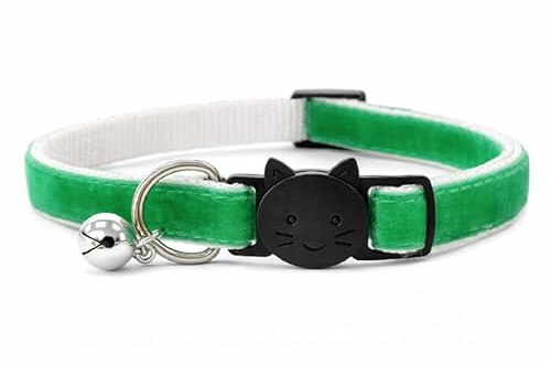 Velvet Cat Collars with Bell | Quick Safety Release Breakaway Buckle | Handmade in the UK | Available in Cat & Kitten Size | Green Velvet