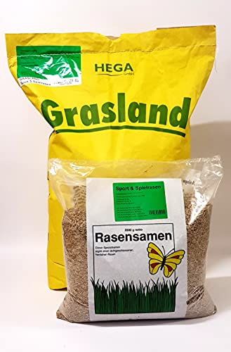 1 x 10kg HEGA Grasland Rasensamen Sport und Spiel, Grasamen, Zierrasen, Sportrasen, Spielrasen, Rasen, robust und widerstandsfähig, kontorliert und zertifiziert, hitzersestent