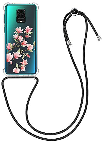 kwmobile Necklace Case kompatibel mit Xiaomi Redmi Note 9S / 9 Pro / 9 Pro Max Hülle - Silikon Cover mit Handykette - Rosa Weiß Transparent Magnolien