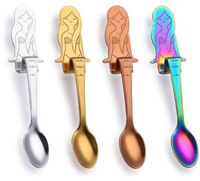 LATRAT 4 Stück Meerjungfrau Kaffeelöffel Edelstahl Löffel, Dessertlöffel Eierlöffel mini Teaspoons Metall Mokkalöffel