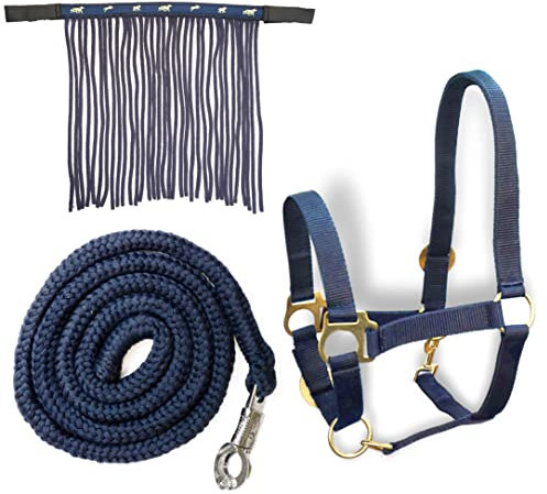 Halfter für Pferde mit Führstrick & Fliegenfransen Pferd, Halfter mit Strick - Halfter Pony Shetty Halfter Cob Full Kb (Warmblut (Full), Dunkelblau)