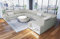 Sofa Wohnlandschaft Foggia in u Form mit USB Port LED-Beleuchtung Ledersofa mit Kopfstützen (Lange Seite Links, Beige-Weiß)
