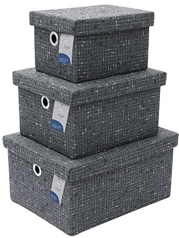 JVL Shadow Rectangular Fabric Storage Baskets with Lids, Set of 3