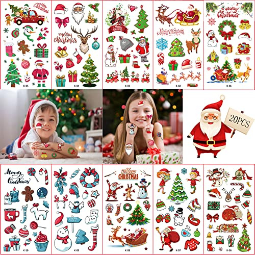 20 Blatt Weihnachten Tattoo Kinder,Weihnachten Temporäre Tattoos, Weihnachtstattoo Aufkleber Kindertattoos für Party Mitgebsel Kindergeburtstag