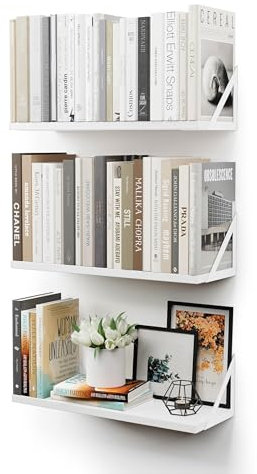 CASSA Wall Mounted Floating Book Shelves for Wall Set of 3, Shelf Bookshelf for Bedroom Living Room Office Bathroom Kitchen Rustic Wood with Metal Bracket (White)