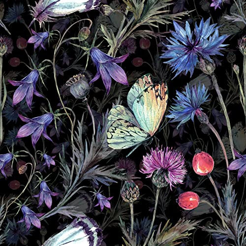 ReWallpaper Schwarze Tapete mit Blumen Selbstklebende Tapete Schwarz Floral Dunkel Blaue Blumentapete 44.5cm X 3m Klebefolie Möbel Blumen Folie Selbstklebend Basteln Schwarze Folie für Möbel Muster