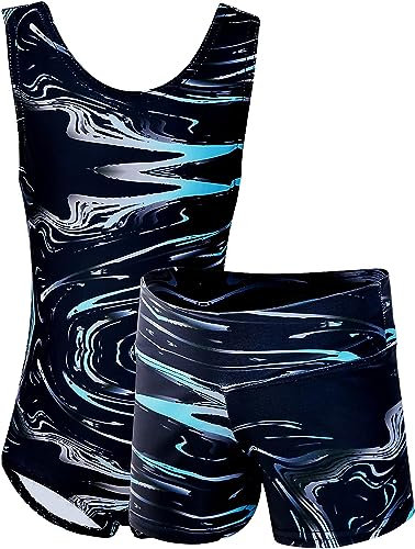 Dancina Turnanzug für Mädchen 2-teiliges Set Gymnastikanzug mit Hose für Kinder 128/134 Schwarz/Aquablau