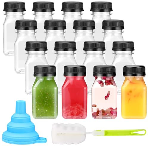 Lafecuw 16-Pack 120ml Plastic Juice Bottles with Lids, Empty Clear Drink Bottles with Funnel and Brush, Ideal for Smoothies, Milk, Water Beverages