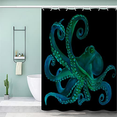 AKATIE Krake Duschvorhang 180x200 Blauer Oktopus Bad Vorhäng Anti-Schimmel Textil Anti-Bakteriel 3D Wasserdicht Duschvorhänge Badewanne mit 12 Hooks