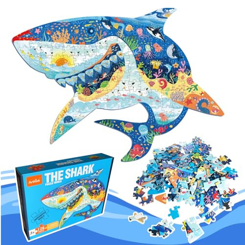 BARVERE Puzzle Kinder, 128 Teile Tier Besondere Puzzle, Pädagogisches Spielzeug, Kinderpuzzle Geschenk für Jungen Mädchen ab 5-12 Jahren (Hai)