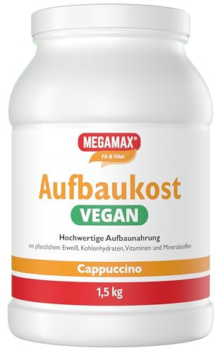 MEGAMAX Aufbaukost VEGAN Cappuccino 1.5 kg -Ideal bei Masseaufbau und Mangelernährung -Proteinpulver zur Zubereitung eines fettarmen Kohlenhydrat-Erbsenprotein Getränkes für Muskelmasse als Massgainer