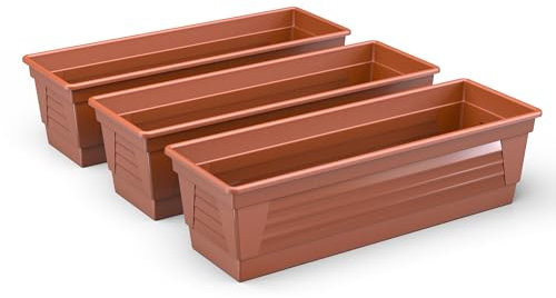 Plastard Blumenkasten 3er Set 60 cm lang Farbe Terrakotta Pflanzkasten, Balkonkasten, Blumenkübel aus witterungsbeständigen Kunststoff für Garten und Balkon