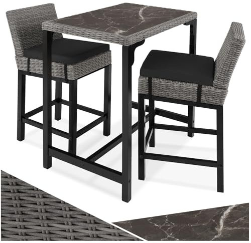 tectake® Alu Rattan Bartisch mit Barhocker, 3-teiliges Gartenbar Set für Terrasse und Balkon, UV-beständiges Polyrattan, Tisch mit Feinsteinzeug Platte, wetterfeste Gartenmöbel - grau