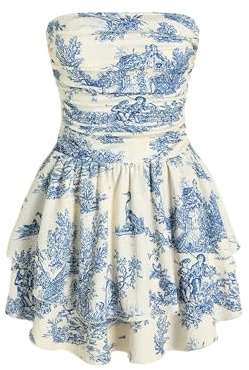 CIDER Women's Summer Cocktail Dress - Tube Ruched Ruffle Mini Dress Blue