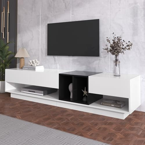 Merax TV-Schrank, Lowboard,Fernsehschrank,TV Tisch,Modernes Design mit Schubladen und Fächern190x40x42 cm Hochglanz-Weiß und Schwarz A