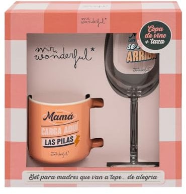 Mr. Wonderful Set de copa de vino + taza para esas madres que van siempre a tope. de alegría, multicolor (WOA2401740ES)