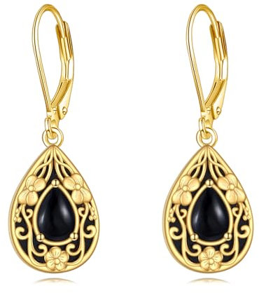 POPLYKE Schwarz Onyx Stein Blume Ohrringe Sterling Silber Gold Plattiert Schwarz Turmalin Blume Filigran Tropfen Ohrringe Leverback Ohrring Schmuck Geschenke für Frauen