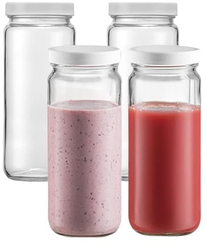 MEETOZ 4 Pack Juicing Glass Bottles Set - 16 oz Jars,with Lids for Juice, Smoothies, Water, Milks, Beverage Storage - Large Jug, Clear, Durable, Reusable, Dishwasher Safe, Leak Proof