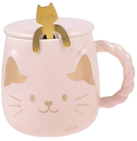 lachineuse - Tasse en Porcelaine Chat Japonais - Avec Couvercle & Cuillère - 425 ml - Petit Déj & Pause Détente - Café, Thé, Chocolat Chaud - Idée Cadeau Asie, Chine, Japon - Colori Rose et Doré