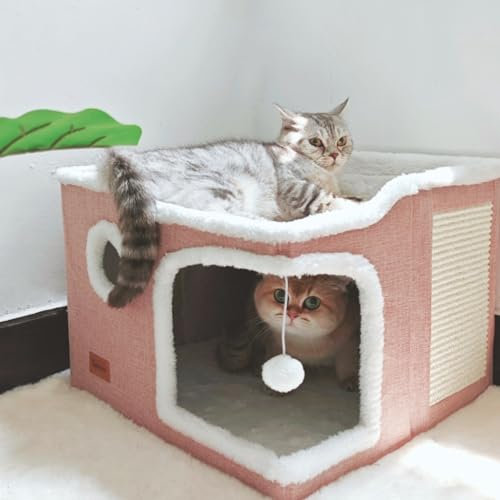 Spindro Großes Katzenhöhlenbett für Indoor-Katzen, faltbarer Haustierhauswürfel mit Kratz-Pad, Kätzchen-Höhle, Katzen-Versteck niedliche Hütte mit weicher Kissenmatte, Rosa, 43,2 x 43,2 x 33 cm