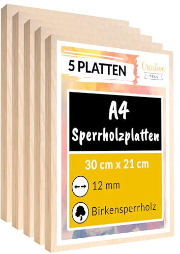 Creative Deco 5 x A4 Sperrholzplatte 12mm | 300 x 210 (+/- 2) mm | Birkensperrholz Dünne Holz-Zuschnitte | Perfektes Blatt für Laubsäge, Brandmalerei, Laserschnitt, CNC Router