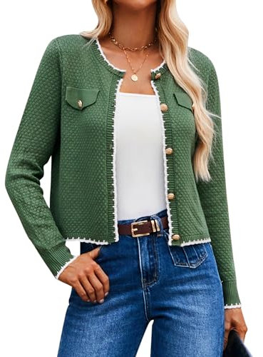 GRACE KARIN Women's Button Work Cardigan Long Sleeve Crew Neck Contrast Color Knitwear Summer Autumn Sweater Cardigans Dark Green S