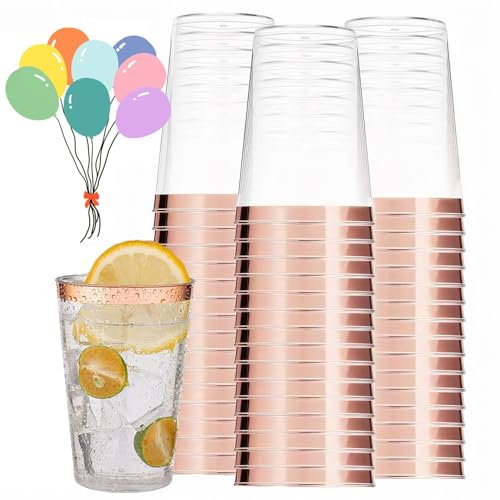 mauepersu Lot De 50 Gobelets En Avec Bord Dorée, 350 ml, Réutilisables, élégants, Verres à vin, Pour Champagne, Bière, Cocktail, Martini, Soda, Dessert (10,5 x 7,5 cm) (Or Rose)