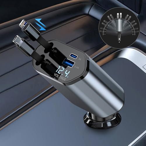 Hossom 4 in 1 Caricatore Auto USB C, 66W Carica Rapida, Accendisigari Auto con Cavo Retrattile Type-C & Porta USB-C/A, per iPhone 16 15 14 13 12 Pro Max iPad Galaxy S25