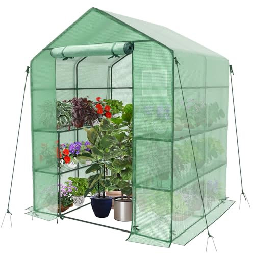 VOUNOT® Invernadero de Jardín 143x143x195 cm Vivero Casero Plantas Cultivo con Puerta Enrollable y Ventana, Invernadero Huerto Caseta de Jardín 8 Estantes para Plantas Macetas Flores, Verde