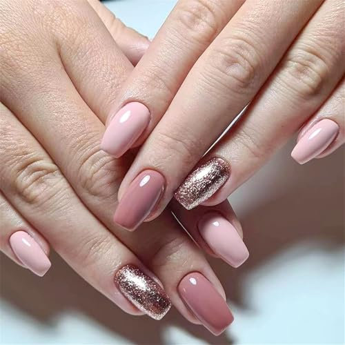 False Nails Short - French Stick on Nails - 24pcs Square Pink Press On Nails with Glue - Glitter Elegant Design Sweet Fake Nails for Women Girls Manicure Decoration(Sweet French)