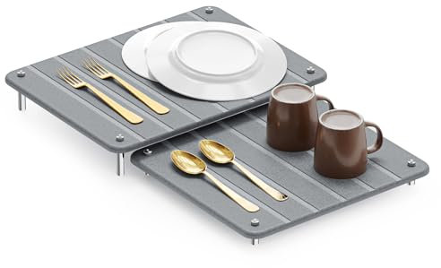 SpaceAid 2 Pack Stone Dish Drying Mats for Kitchen Counter, Expandable Absorbent Rack Dish Pad, Quick Dry Diatomaceous Earth Dishes Mat Tray, Absorbing Sink Stone Mat Board (Gray)