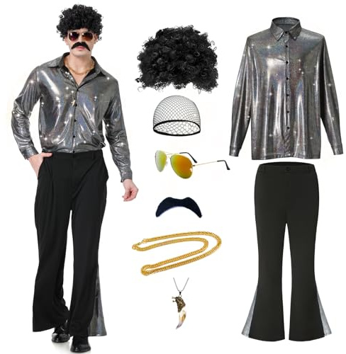Coseaon 70er Jahre Disco Outfit für Herren, 70er Jahre Disko Kostüm Hemd Hose Anzug mit Perücke Schnurrbart Halskette Sonnenbrille für Party