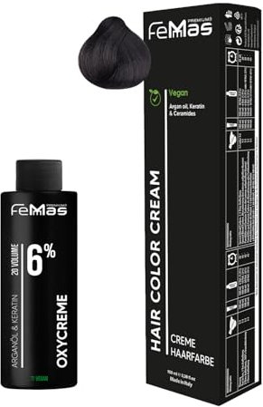 Femmas Set de tinte para el cabello marrón medio intenso 4.0 I Hair Color Cream 100 ml + crema de óxido 100 ml 6% I coloración permanente del cabello + desarrollador I Suave y duradero I Tinte de pelo
