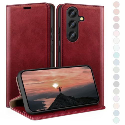 HUOUH für Samsung Galaxy S25 Hülle mit RFID Schutzhülle aus Lederhülle Handyhülle,Kartenfach Leder ständer Handy hülle,360 Grad Schutz Cover für Samsung S25 Klapphülle Wallet Case Rot
