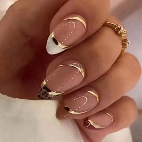 24pcs Almond Short Fake Nails,Press on Nails French Tips with Leopard Print Designs,Glossy Press on Nails with Nails Glue Stickers, Full Cover False Nails for Women Girls Nails Art,Stick on Nails