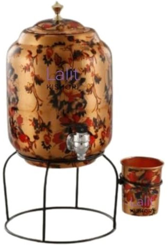 Lalit Kishori Olla de agua de cobre de 5 litros con un vidrio martillado, dispensador martillado puro con grifo y soporte