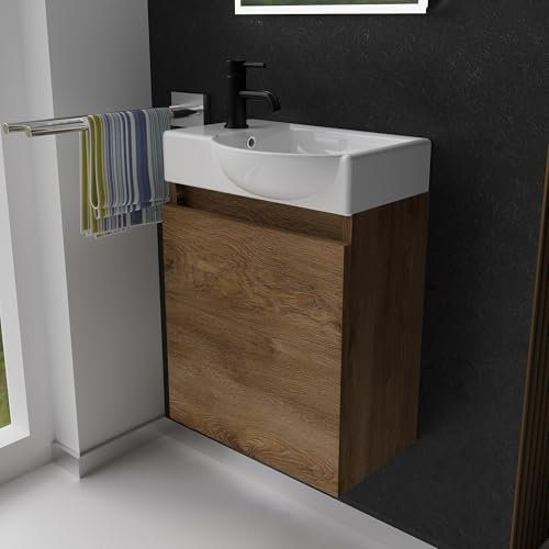 Alpenberger Gäste WC Waschbecken mit Unterschrank | Kleines Badmöbel 45 cm Breit | Badschrank Klein Hängeschrank (Eiche, Waschbecken - Rechte Seite)