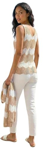 Roman Chevron Stripe Knit Top for Women UK - Ladies Spring Everyday Summer Holiday V-Neckline Comfy Sleeveless Soft Lightweight Shirt Beach Vacation Vests - Natural - Size 20