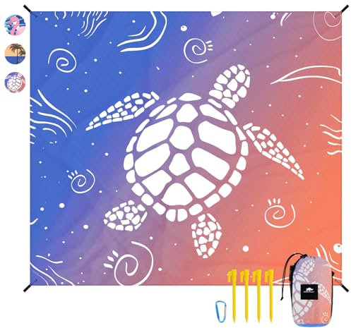 Rhino Valley Stranddecke 215x245 cm,Sandfrei Picknickdecke mit Tragetasche&4 Stabil Pfählen, Schnelltrocknend Outdoor Picknickmatte für Sand Reisen Camping Wandern, Schildkröte(7 * 8FT)