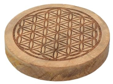 NKlaus Untersetzer Mangoholz 10cm Blume des Lebens, rund graviert, 1 Stück | für Meditation; Gewicht: 10,73g; für Gläser, Kristalle und Rituale