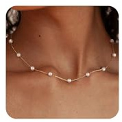 ZHESHY Collana di perle da donna in oro 14 carati, placcata oro 14 carati, con perle bianche, delicate, a forma di fiore, a stratificazione, in argento, con ciondolo, ipoallergenico, regalo di nozze