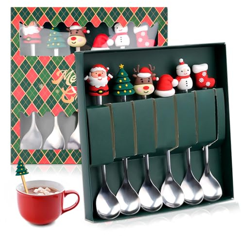Weihnachtslöffel Set, 6 Stück Weihnachten Teelöffel, Kaffeelöffel Edelstahl | Christmas Spoons, Kaffee Weihnachten Löffel, Weihnachts Espressolöffel, Dessertlöffel für Party Tischdekorationen